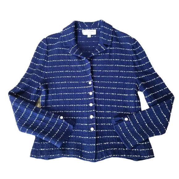 ST. JOHN boucle knit stripe blue blazer pearl 14
